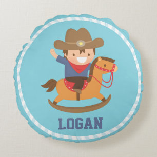 Little Cowboy on Rocking Horse Boys Room Round Pillow