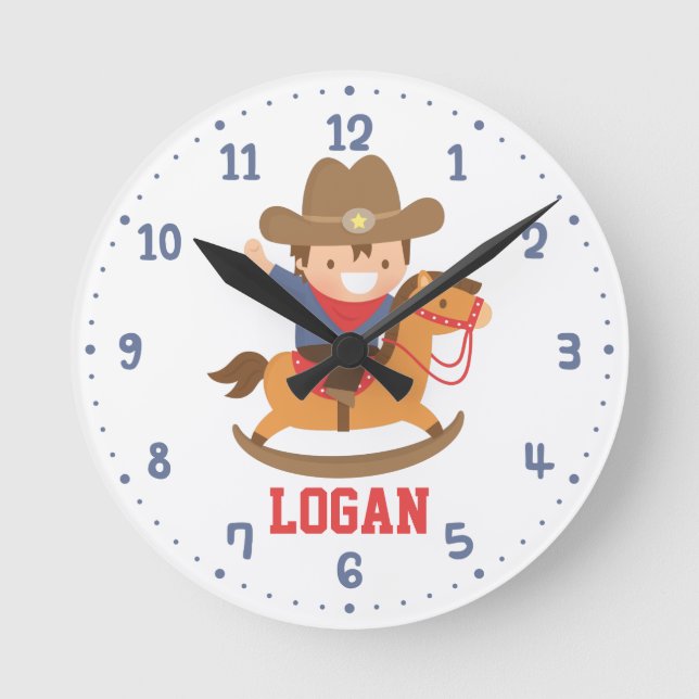 Little Cowboy on Rocking Horse Boys Wall Decor Round Clock (Front)