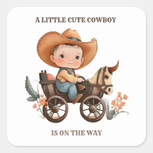 little cowboy on the way,boy baby shower western square sticker