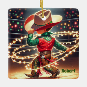 Little Cowboy Twirling Christmas Lights Custom Ceramic Ornament