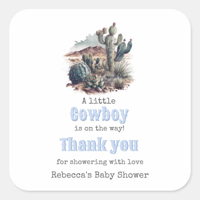 Little Cowboy Western Blue Boy Baby Shower Favour Square Sticker (Front)