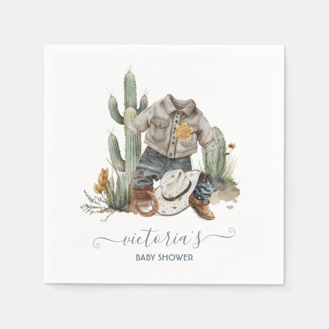 Little Cowboy Western Watercolor Baby Shower  Napkin (Front)