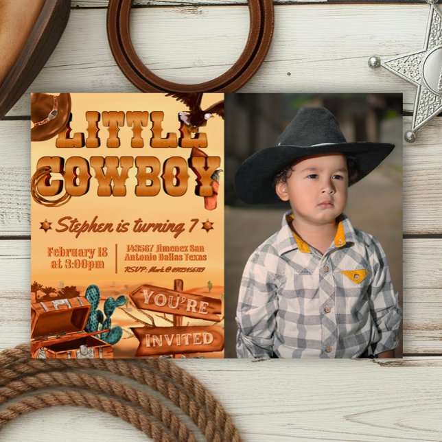 Little Cowboy with Photo Invitation (Little Cowboy -  Boy Birthday Landscape Invitation with Picture)