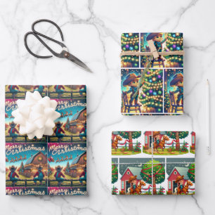 Little Cowboys Wait For Santa and Decorating Trees Wrapping Paper Sheet