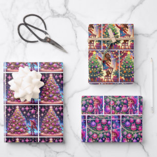 Little Cowgirl Decorating Christmas Trees Wrapping Paper Sheet