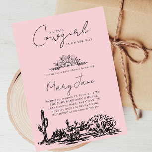 Little Cowgirl Hand Drawn Western Wild West Pink Invitation