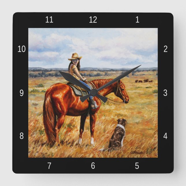 Little Cowgirl on Cattle Horse Square Wall Clock (Front)