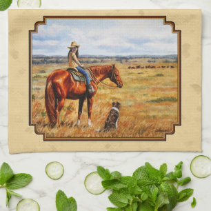 Little Cowgirl on Cattle Horse Yellow Kitchen Towel