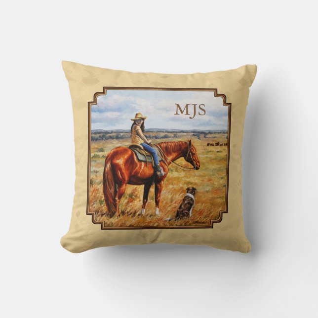 Little Cowgirl on Cattle Horse Yellow Throw Pillow (Front)