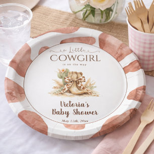 Little Cowgirl Rustic Cowhide Girl Baby Shower Paper Plate