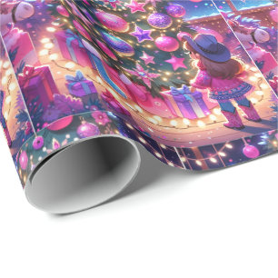 Little Cowgirl Standing In Front Of Tree Christmas Wrapping Paper