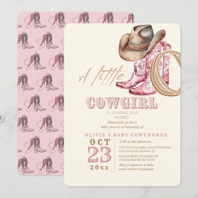 Little Cowgirl Western Baby Girl shower Blush pink Invitation (Front/Back)