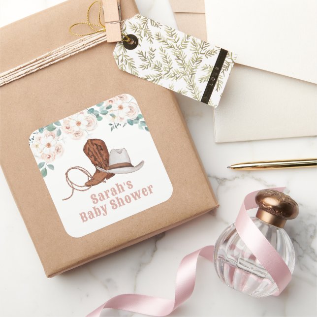 Little Cowgirl Western Floral Girl Baby Shower Square Sticker (Gifting)