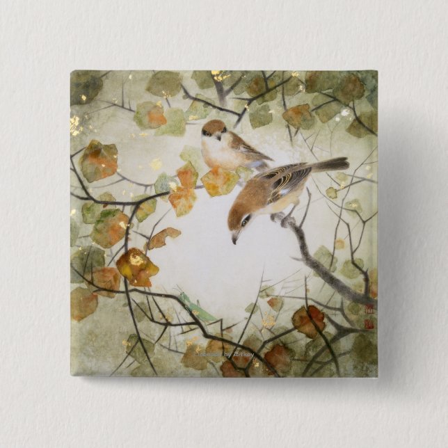Little Creature-Bull-headed Shrikes 2 Inch Square Button (Front)