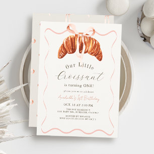 Little Croissant Pink Bow Ribbon Girl 1st Birthday Invitation