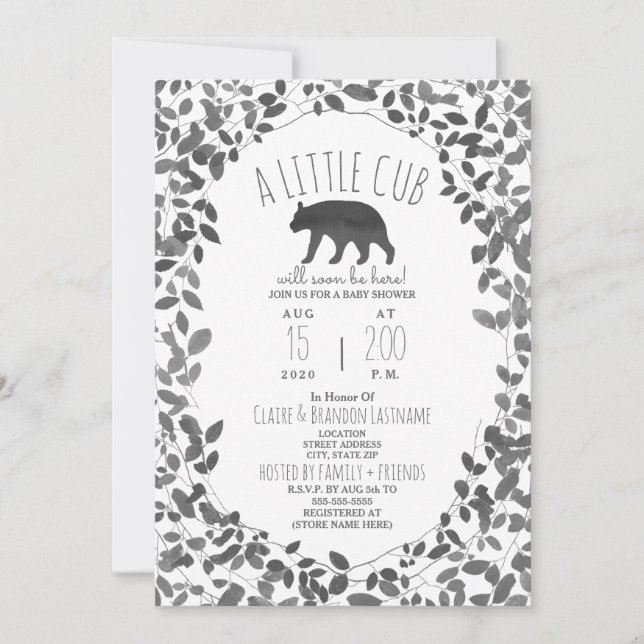 Little Cub Black + White Foliage Baby Shower Invitation (Front)