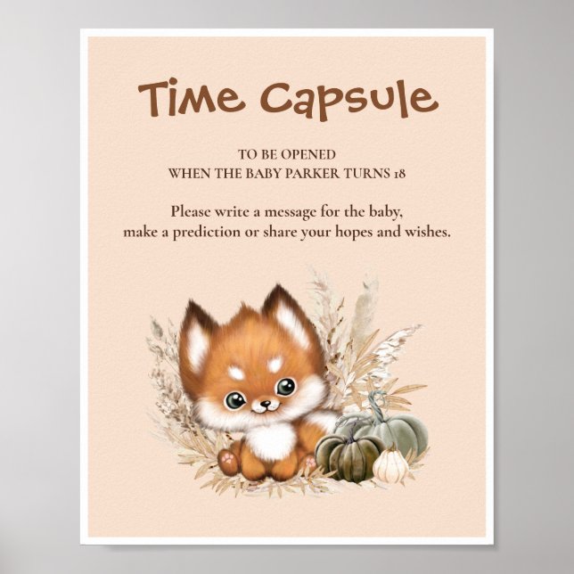 Little Cub Fox Fall Baby Shower Time Capsule Sign (Front)