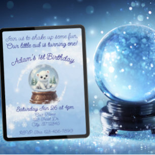 Little Cub One, Polar Bear Snow Globe Birthday Invitation