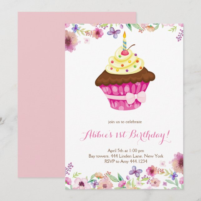 Little Cupcake First Birthday Invitation (Front/Back)