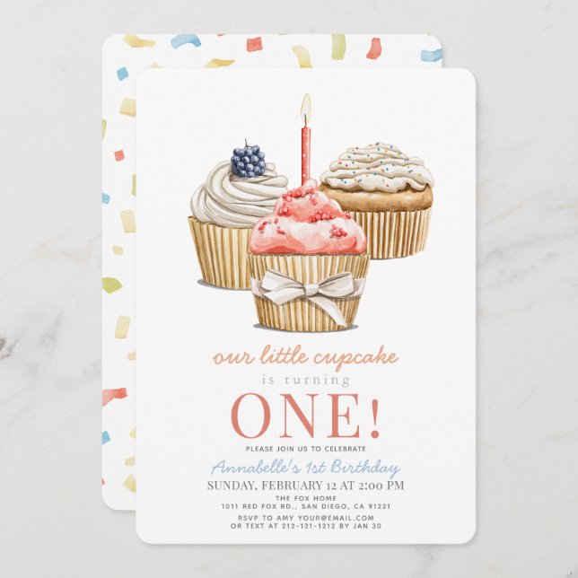 Little Cupcake Girl 1st Birthday Invitation (Front/Back)