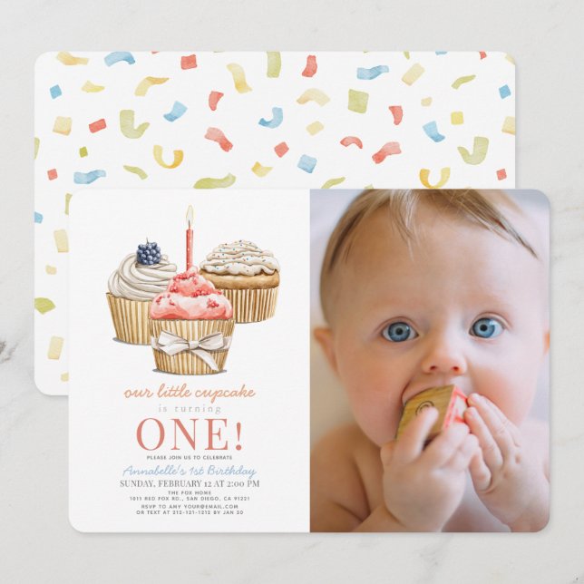 Little Cupcake Girl 1st Birthday Photo Invitation (Front/Back)