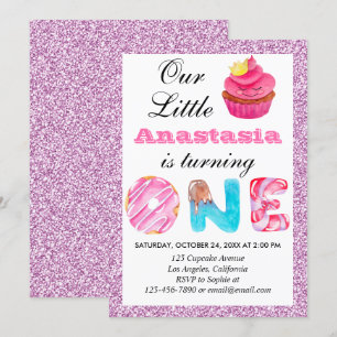 Little Cupcake Pink Lilac Glitter 1st Birthday One Invitation