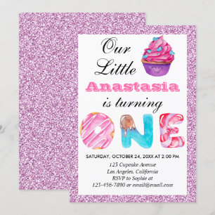 Little Cupcake Pink Lilac Glitter 1st Birthday One Invitation