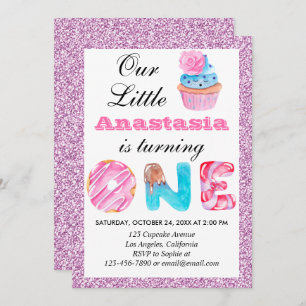 Little Cupcake Pink Lilac Glitter 1st Birthday One Invitation