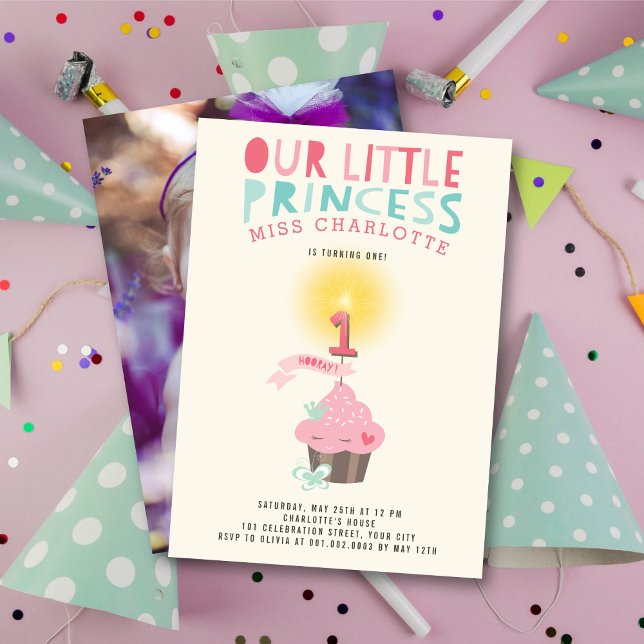 Little Cupcake Princess Girl's 1st Birthday Party Invitation (Little Miss Pink Cupcake Princess, Whimsical Girl's 1st Birthday Party Invitation @ fat_fa_tin)