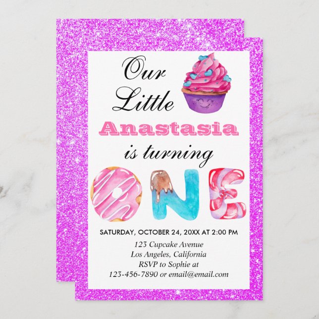 Little Cupcake Purple Glitter 1st Birthday One Invitation (Front/Back)