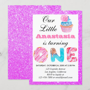 Little Cupcake Purple Glitter 1st Birthday One Invitation