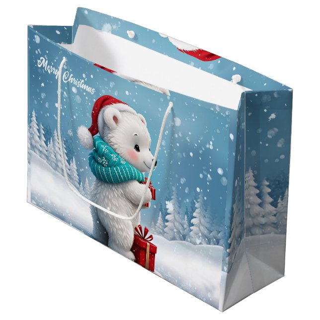 Little cute baby bear with Christmas hat  Large Gift Bag (Front Angled)