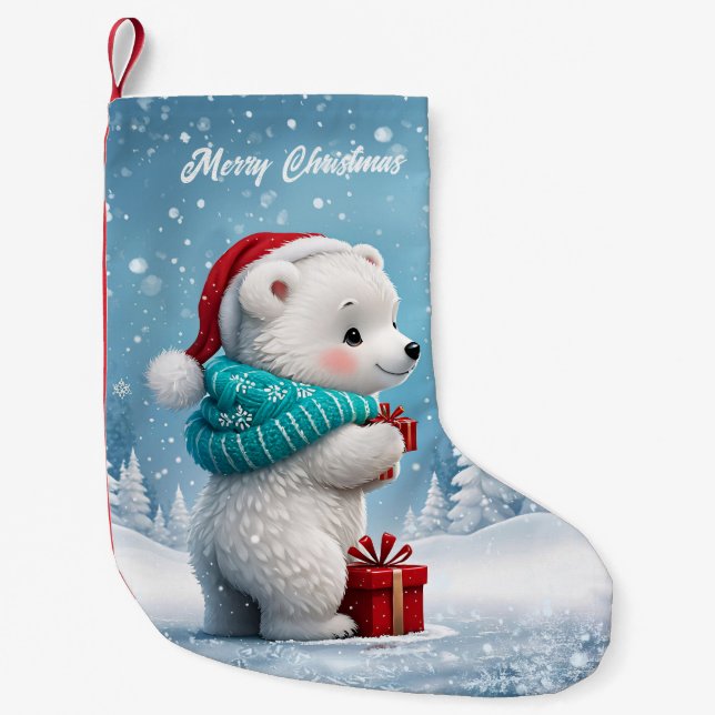 Little cute baby bear with Christmas hat  Small Christmas Stocking (Front)