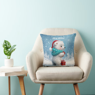 Little cute baby bear with Christmas hat  Throw Pillow