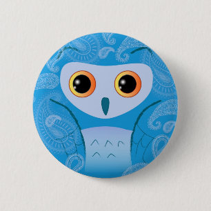 Little cute blue paisley owl 2 inch round button