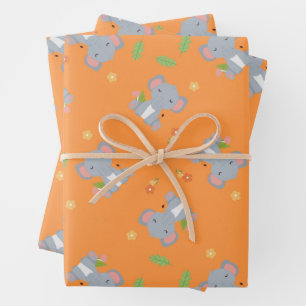Little cute elephant with flowers orange wrapping paper sheet