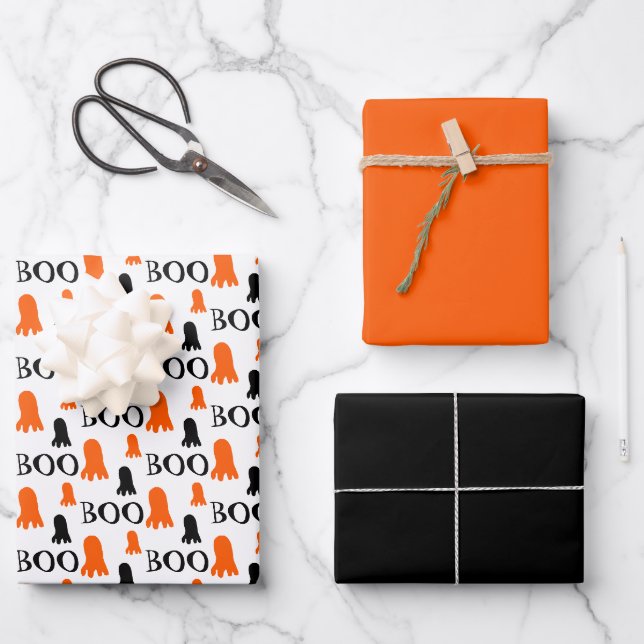 Little Cute Ghost Orange Black White Wrapping Paper Sheet (Front)