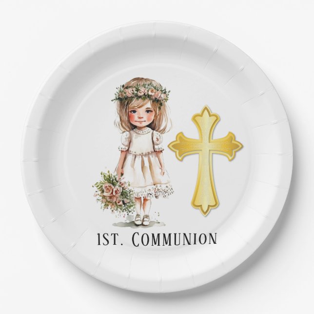 Little Cute Girl 1st Communion  Paper Plate (Front)