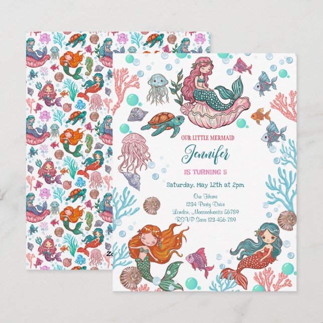 Little Cute Little Mermaids Birthday Invitation (Front/Back)