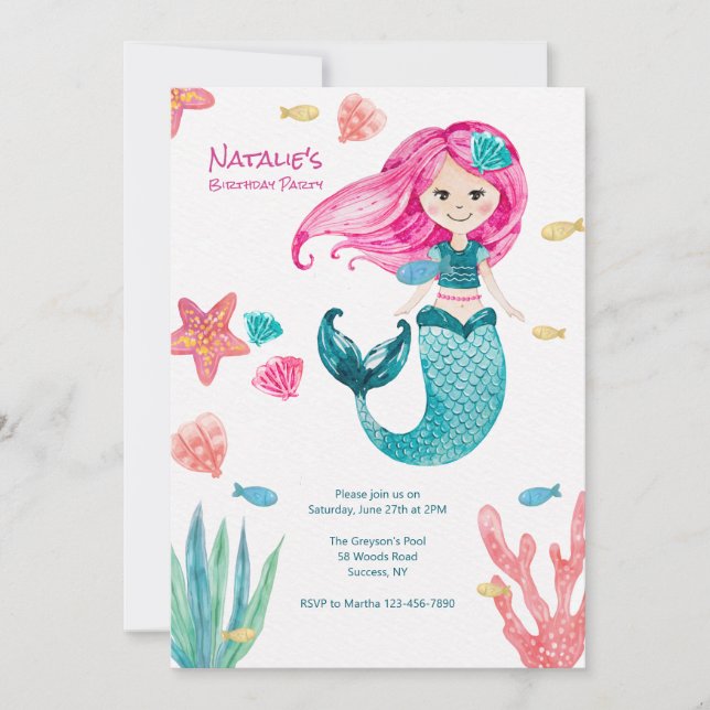 Little Cute Mermaid Birthday Party Invitation (Front)