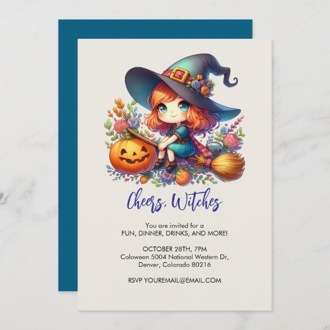 little cute witch dressed in blue, Halloween Invitation (Front/Back)