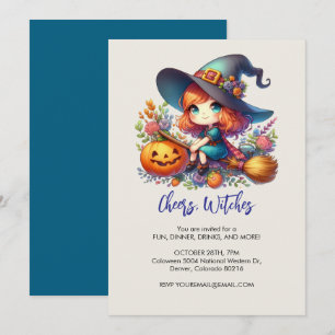 little cute witch dressed in blue, Halloween Invitation