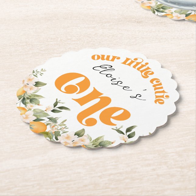 Little cutie 1st birthday citrus oranges paper coaster (Angled)