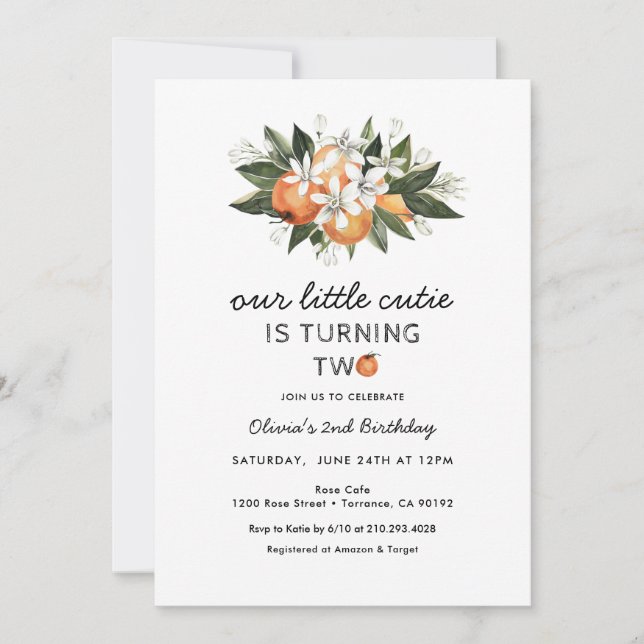 Little Cutie 2nd Birthday Party Turning Two Invitation (Front)