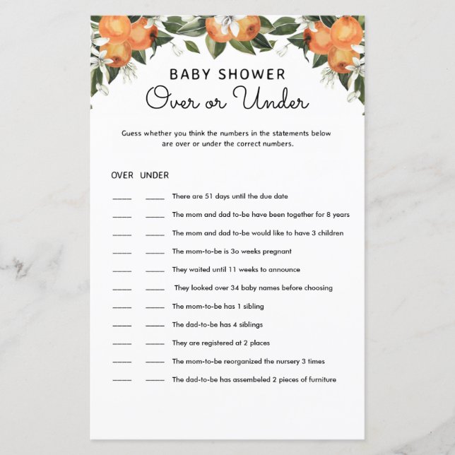 Little Cutie Baby Shower Over and Under Game Cards (Front)