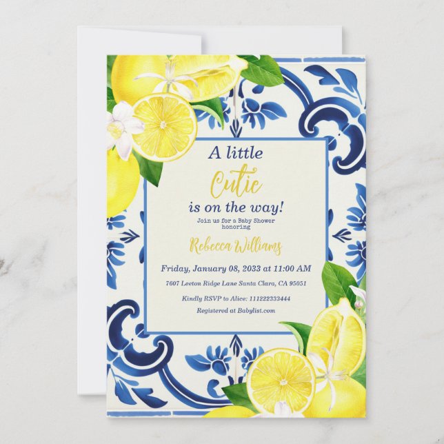 Little Cutie Blue Tile Lemon Fruit Baby Shower Invitation (Front)