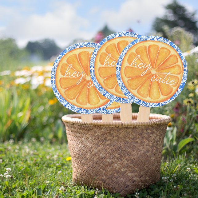 Little Cutie Citrus Orange Azulejo Baby Shower Hand Fan (Little Cutie - Baby Shower Guest Favors Hand Fans)