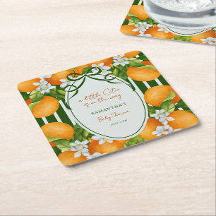 Little Cutie Citrus Oranges Stripes Baby Shower Square Paper Coaster