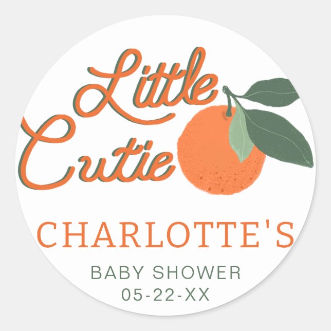 Little Cutie Clementine Baby Shower Favour Sticker (Front)