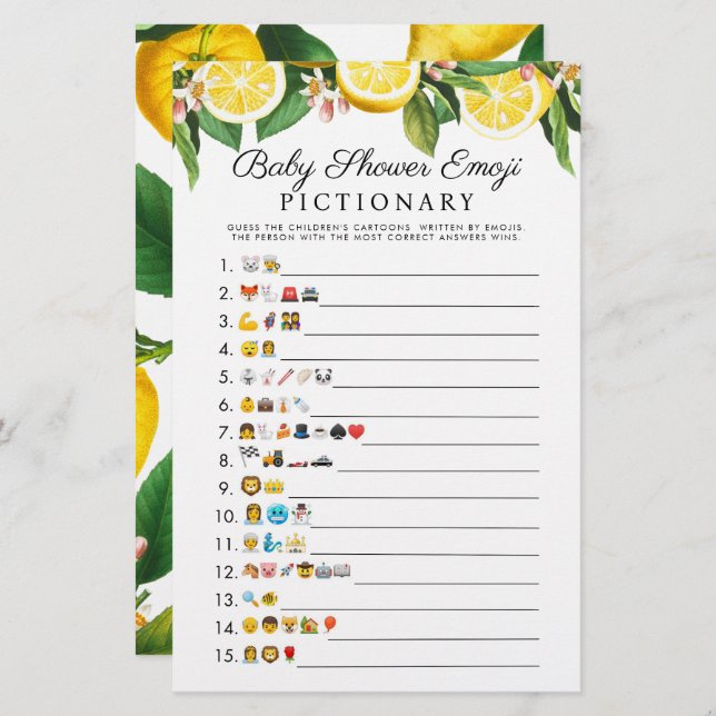 Little Cutie Lemon Citrus Baby Shower Emoji Game  (Front/Back)